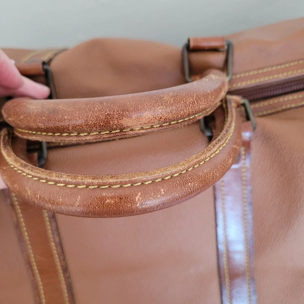 Hunting World Vintage Tan Leather Trim Duffel Bag Travel Weekender Large